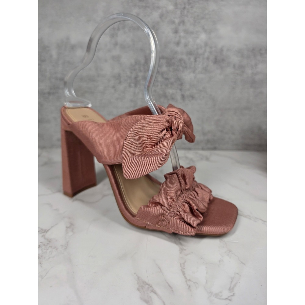 Gianni Bini Mauve Pink Ribbed Fabric Ruffle Knot Block Heel Mules Womens 9.5M